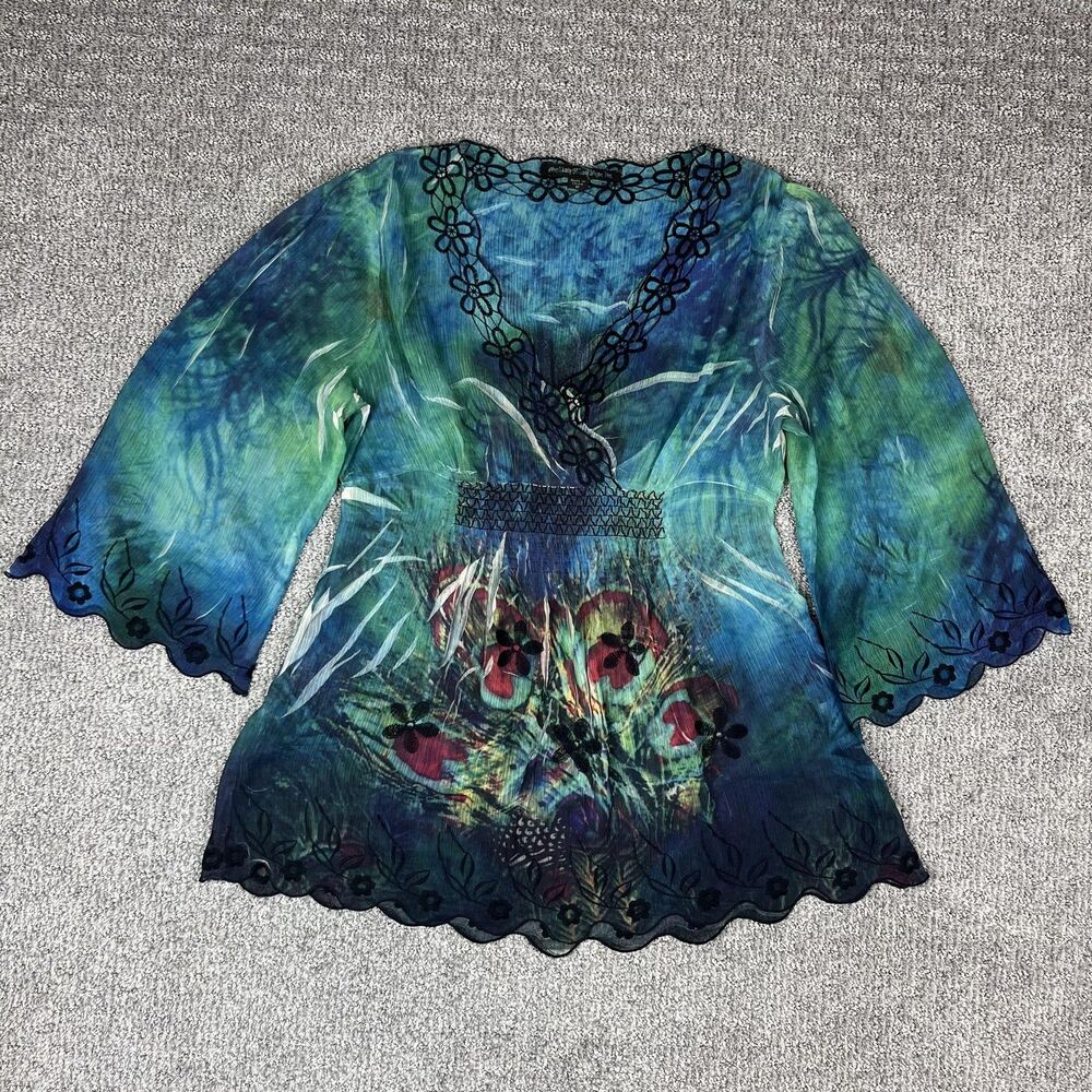 Mushka Sienna Rose Top Womens Medium Blue Peacock Boho Embroidered Fairy Grunge